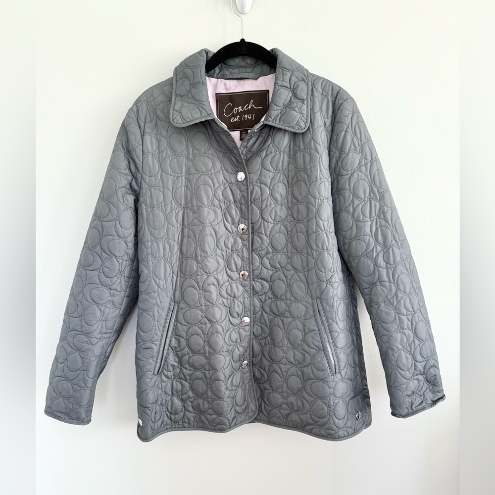 Coach Signature C Logo Gray Quilted Women's Jacket Lightweight Snap Button Coat